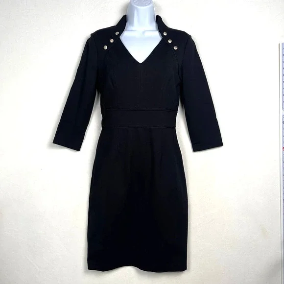 Ponte Knit White House Black Market Black Dress, Military Goldtone Buttons, Sz 2 - Picture 2 of 16